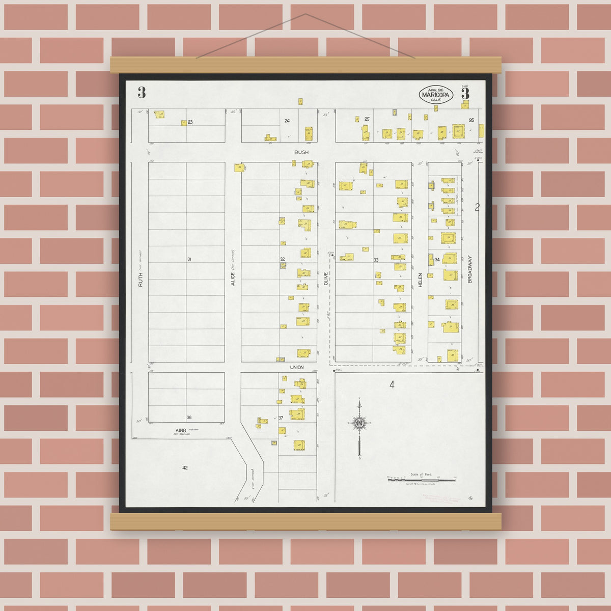 Old map wall art mockup — magnetic wood frame on brick wall — Sanborn Fire Insurance Map from Maricopa, Kern County, California (1926), Sheet #0003