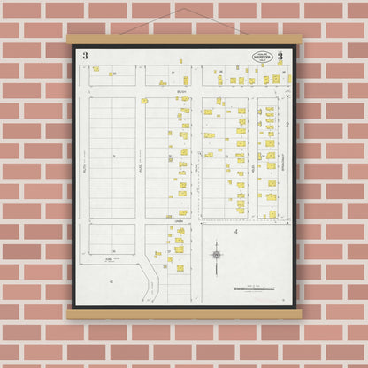Old map wall art mockup — magnetic wood frame on brick wall — Sanborn Fire Insurance Map from Maricopa, Kern County, California (1926), Sheet #0003