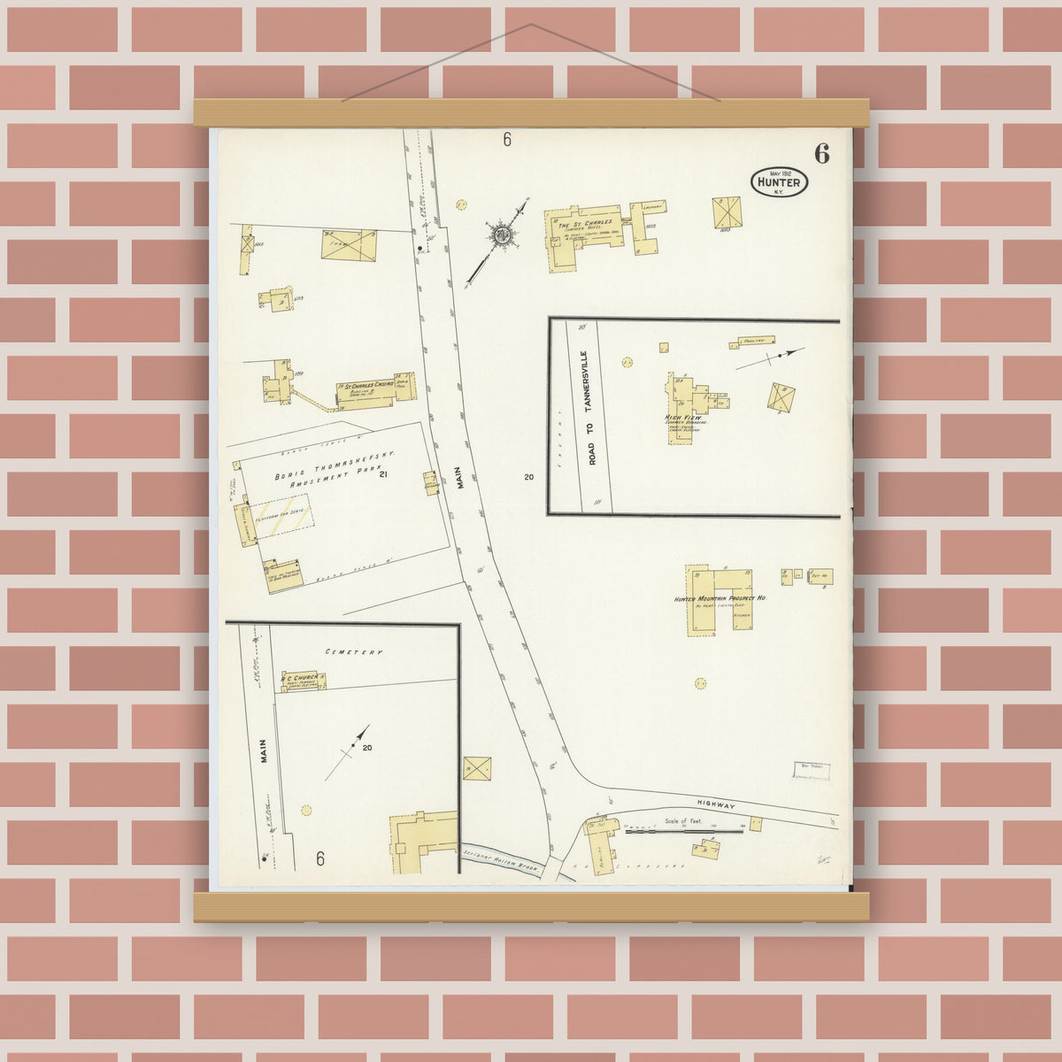 Old map wall art mockup — magnetic wood frame on brick wall — Sanborn Fire Insurance Map from Hunter, Greene County, New York (1912), Sheet #0006