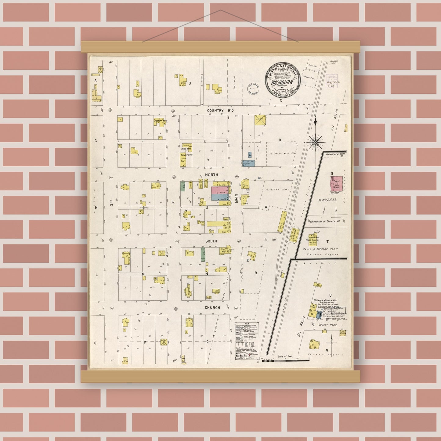 Old map wall art mockup — magnetic wood frame on brick wall — Sanborn Fire Insurance Map from Washburn, Barry County, Missouri (1902), Sheet #0001