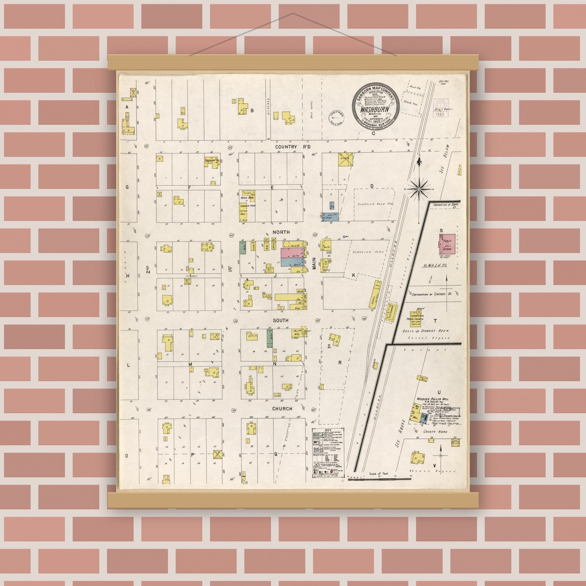 Old map wall art mockup — magnetic wood frame on brick wall — Sanborn Fire Insurance Map from Washburn, Barry County, Missouri (1902), Sheet #0001