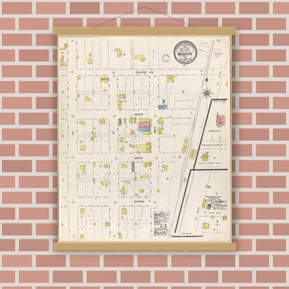 Old map wall art mockup — magnetic wood frame on brick wall — Sanborn Fire Insurance Map from Washburn, Barry County, Missouri (1902), Sheet #0001