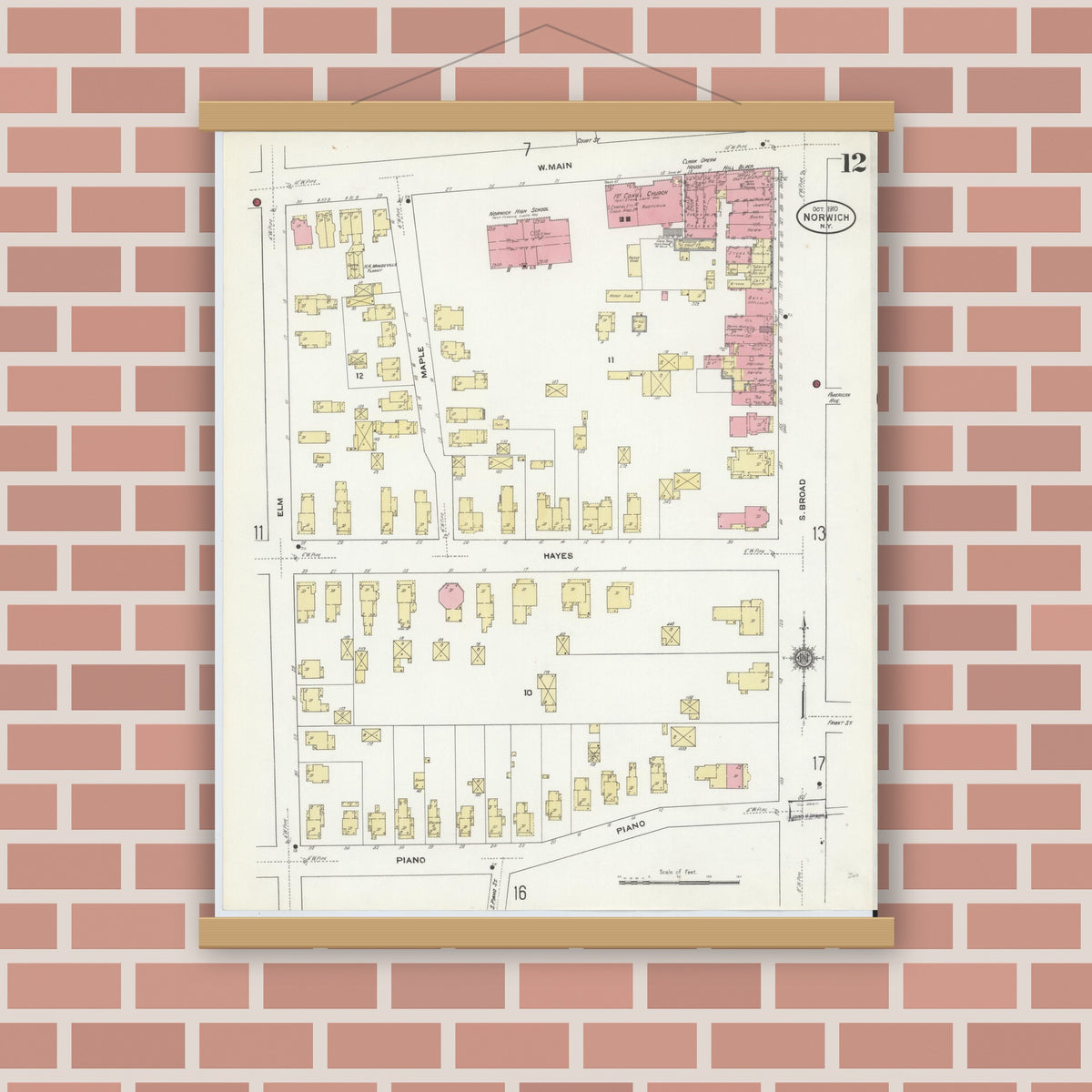 Old map wall art mockup — magnetic wood frame on brick wall — Sanborn Fire Insurance Map from Norwich, Chenango County, New York (1910), Sheet #0012