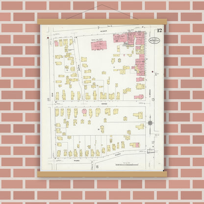 Old map wall art mockup — magnetic wood frame on brick wall — Sanborn Fire Insurance Map from Norwich, Chenango County, New York (1910), Sheet #0012