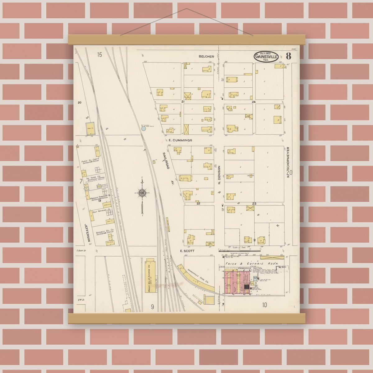 Old map wall art mockup — magnetic wood frame on brick wall — Sanborn Fire Insurance Map from Gainesville, Cooke County, Texas (1922), Sheet #0008