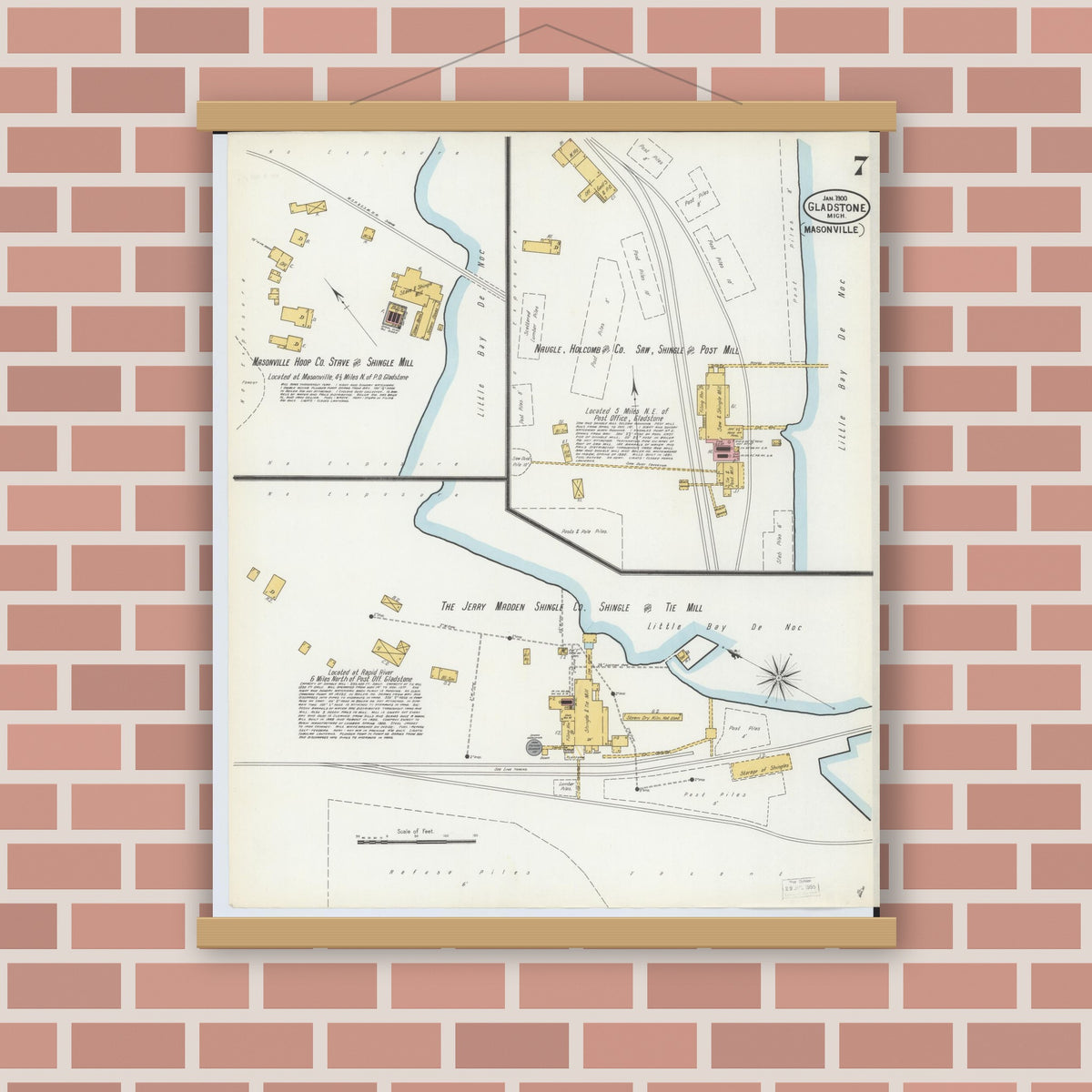 Old map wall art mockup — magnetic wood frame on brick wall — Sanborn Fire Insurance Map from Gladstone, Delta County, Michigan (1900), Sheet #0007
