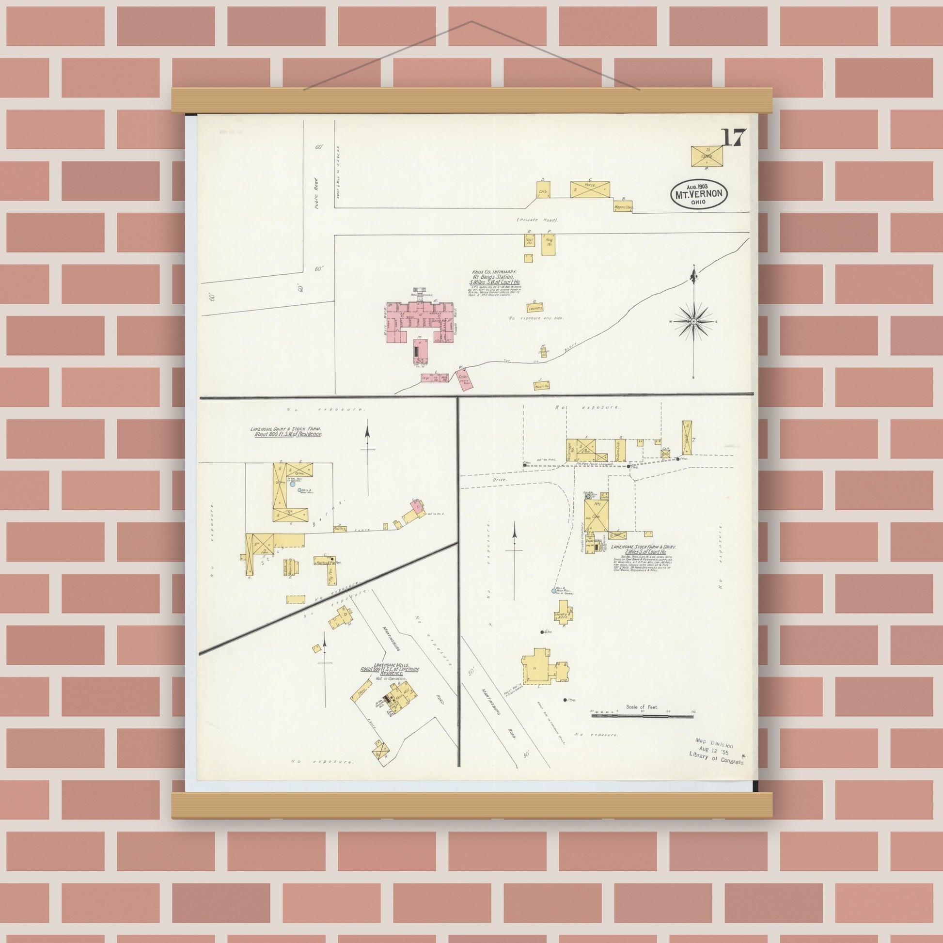 Old map wall art mockup — magnetic wood frame on brick wall — Sanborn Fire Insurance Map from Mount Vernon, Knox County, Ohio (1903), Sheet #0017