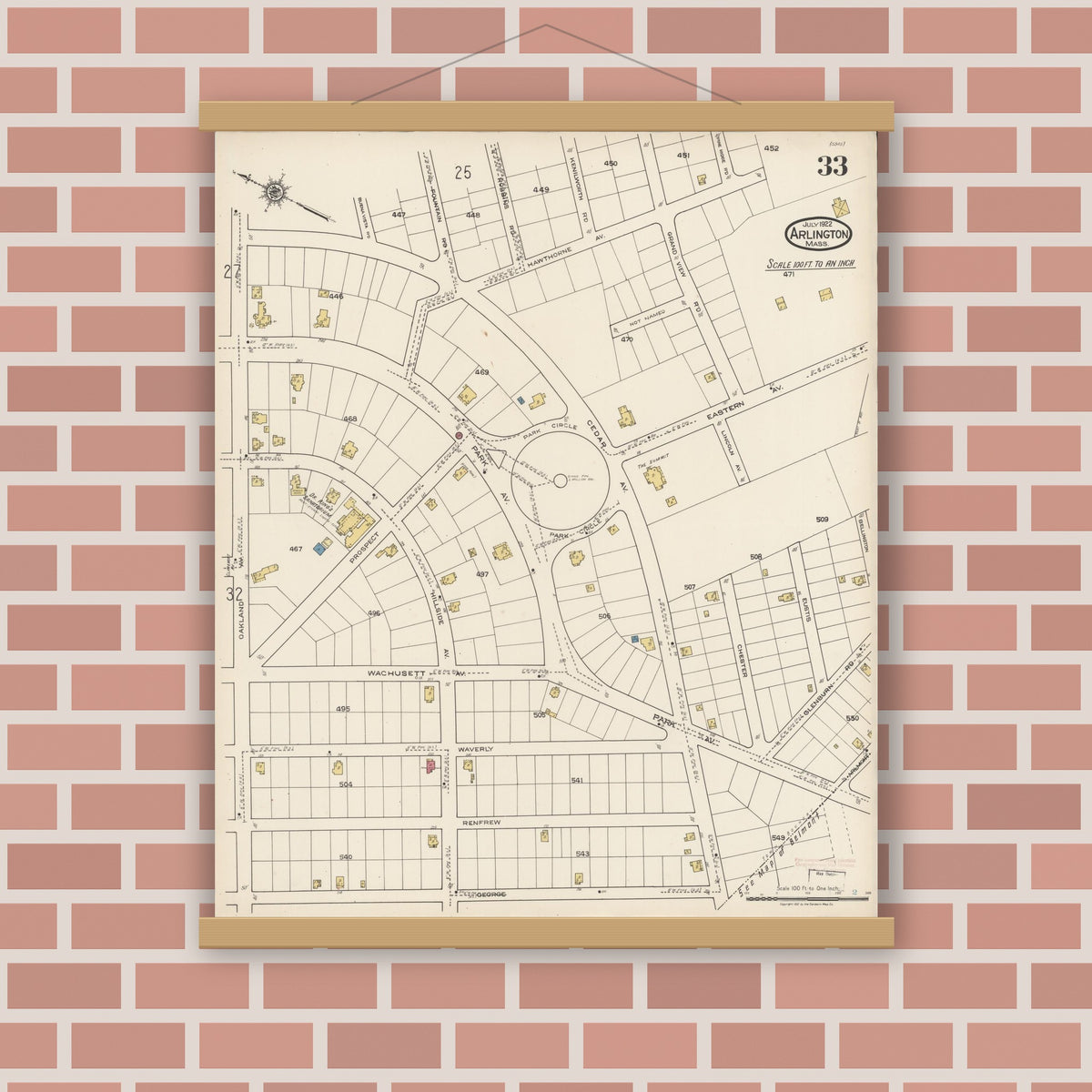Old map wall art mockup — magnetic wood frame on brick wall — Sanborn Fire Insurance Map from Arlington, Middlesex County, Massachusetts (1922), Sheet #0033