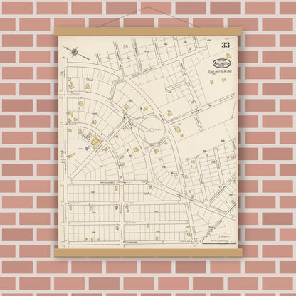 Old map wall art mockup — magnetic wood frame on brick wall — Sanborn Fire Insurance Map from Arlington, Middlesex County, Massachusetts (1922), Sheet #0033