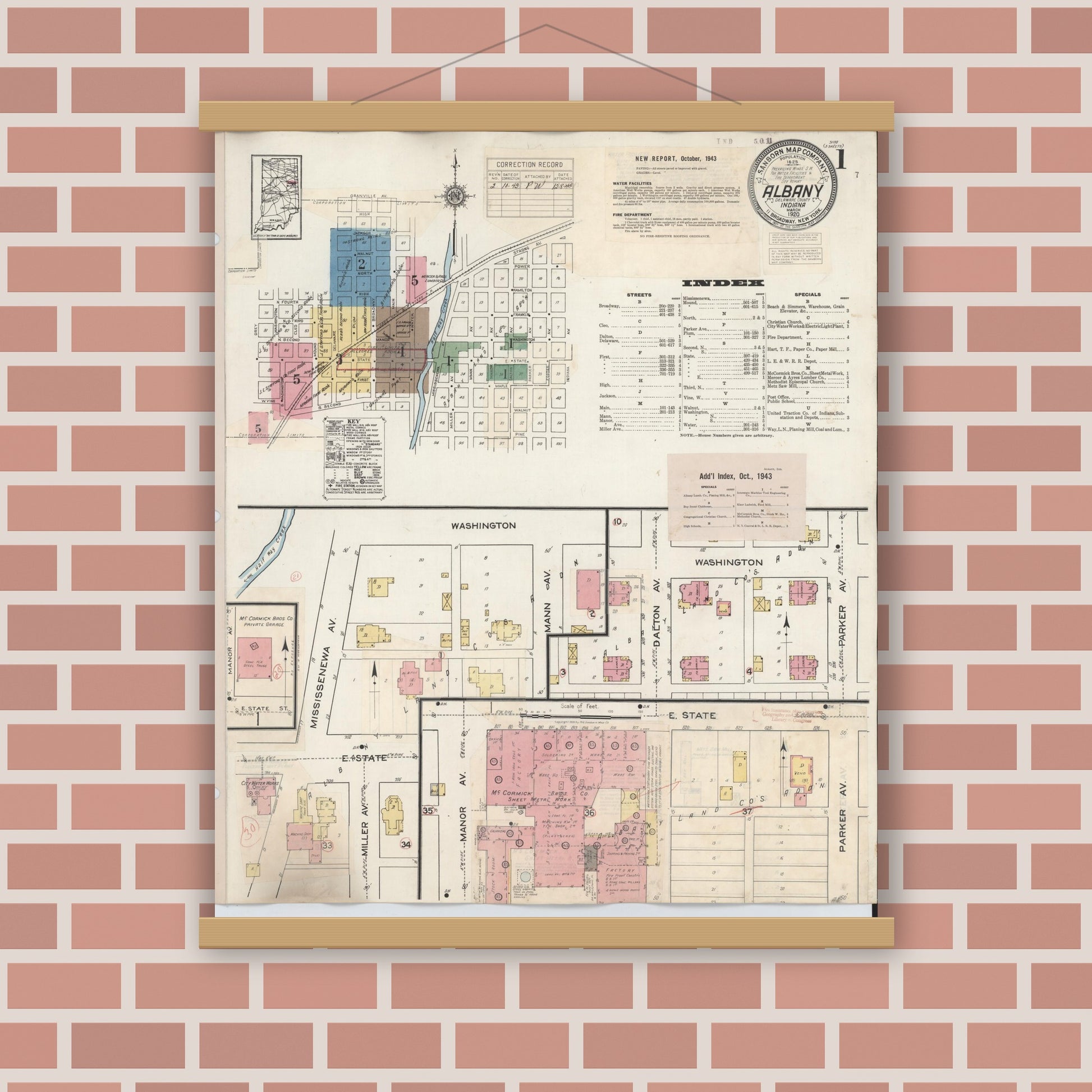 Old map wall art mockup — magnetic wood frame on brick wall — Sanborn Fire Insurance Map from Albany, Delaware County, Indiana (1943), Sheet #0001