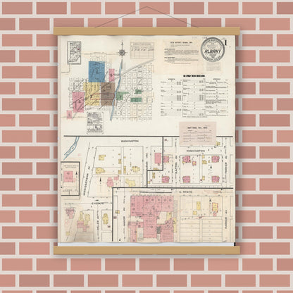 Old map wall art mockup — magnetic wood frame on brick wall — Sanborn Fire Insurance Map from Albany, Delaware County, Indiana (1943), Sheet #0001