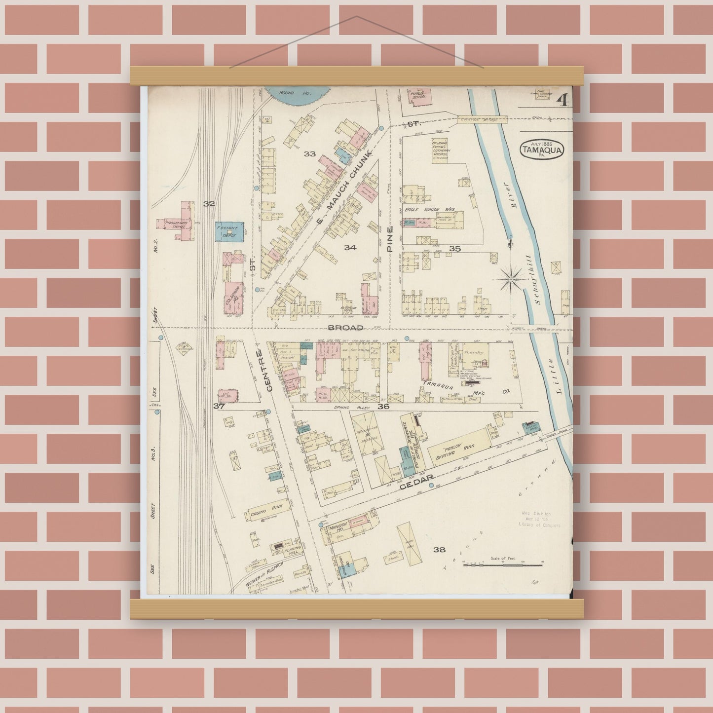 Old map wall art mockup — magnetic wood frame on brick wall — Sanborn Fire Insurance Map from Tamaqua, Schuylkill County, Pennsylvania (1885), Sheet #0004