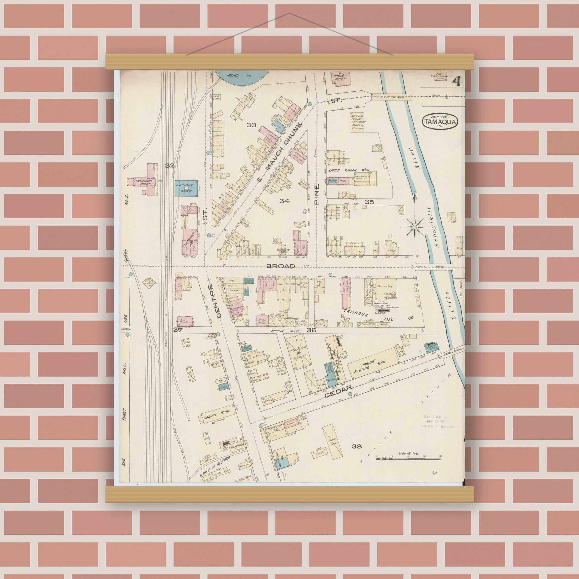 Old map wall art mockup — magnetic wood frame on brick wall — Sanborn Fire Insurance Map from Tamaqua, Schuylkill County, Pennsylvania (1885), Sheet #0004