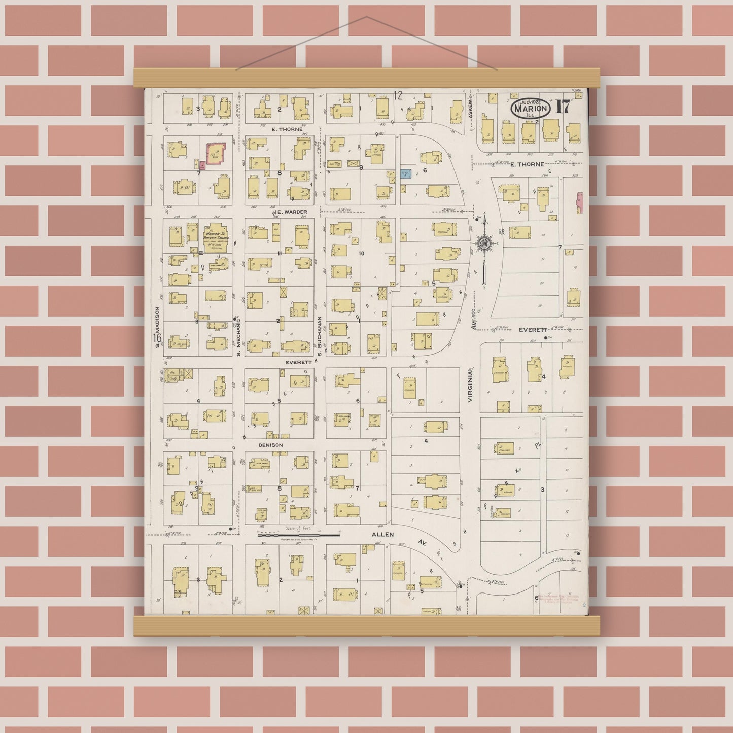 Old map wall art mockup — magnetic wood frame on brick wall — Sanborn Fire Insurance Map from Marion, Williamson County, Illinois (1922), Sheet #0017