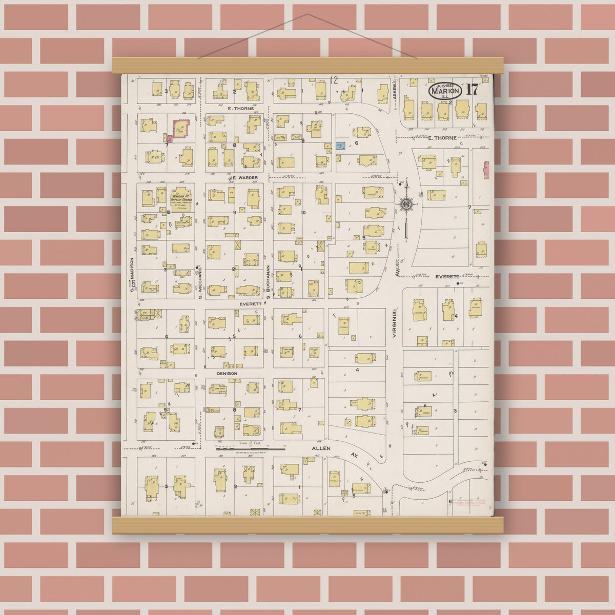 Old map wall art mockup — magnetic wood frame on brick wall — Sanborn Fire Insurance Map from Marion, Williamson County, Illinois (1922), Sheet #0017
