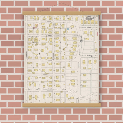 Old map wall art mockup — magnetic wood frame on brick wall — Sanborn Fire Insurance Map from Marion, Williamson County, Illinois (1922), Sheet #0017