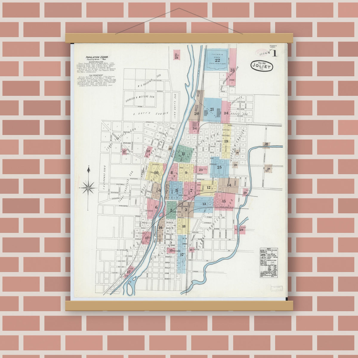 Old map wall art mockup — magnetic wood frame on brick wall — Sanborn Fire Insurance Map from Joliet, Will County, Illinois (1891) - Complete Map Set