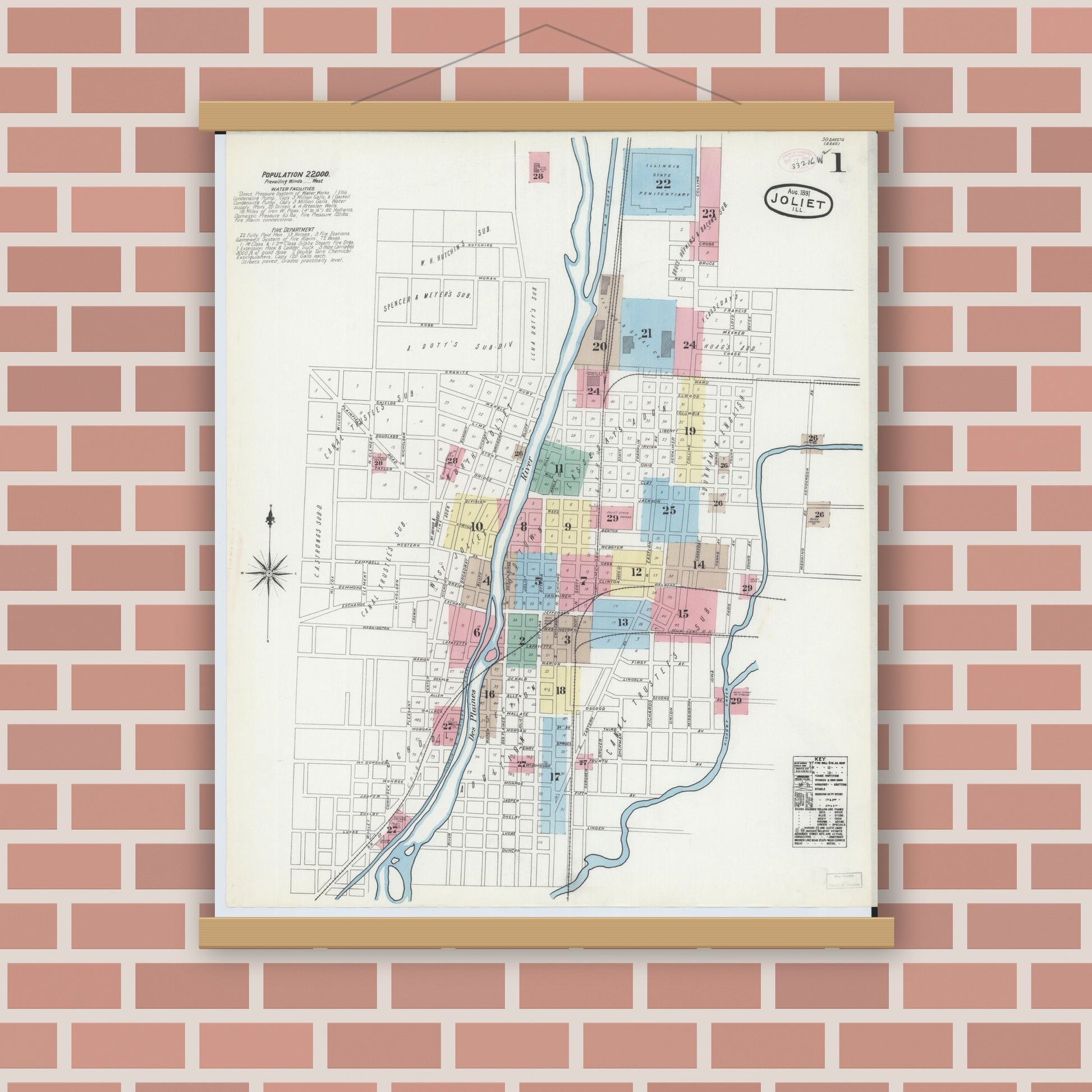 Old map wall art mockup — magnetic wood frame on brick wall — Sanborn Fire Insurance Map from Joliet, Will County, Illinois (1891) - Complete Map Set