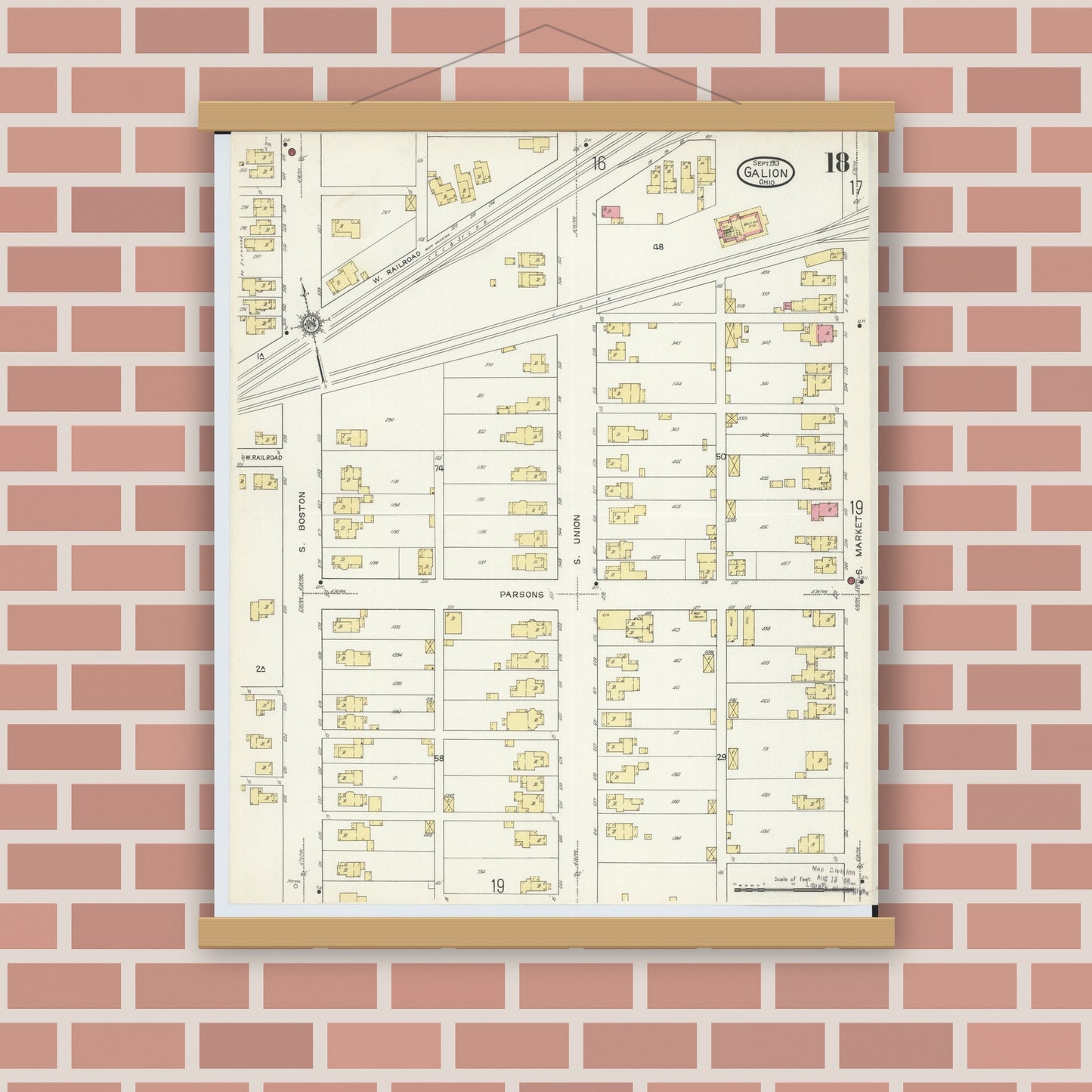 Old map wall art mockup — magnetic wood frame on brick wall — Sanborn Fire Insurance Map from Galion, Crawford County, Ohio (1913), Sheet #0018