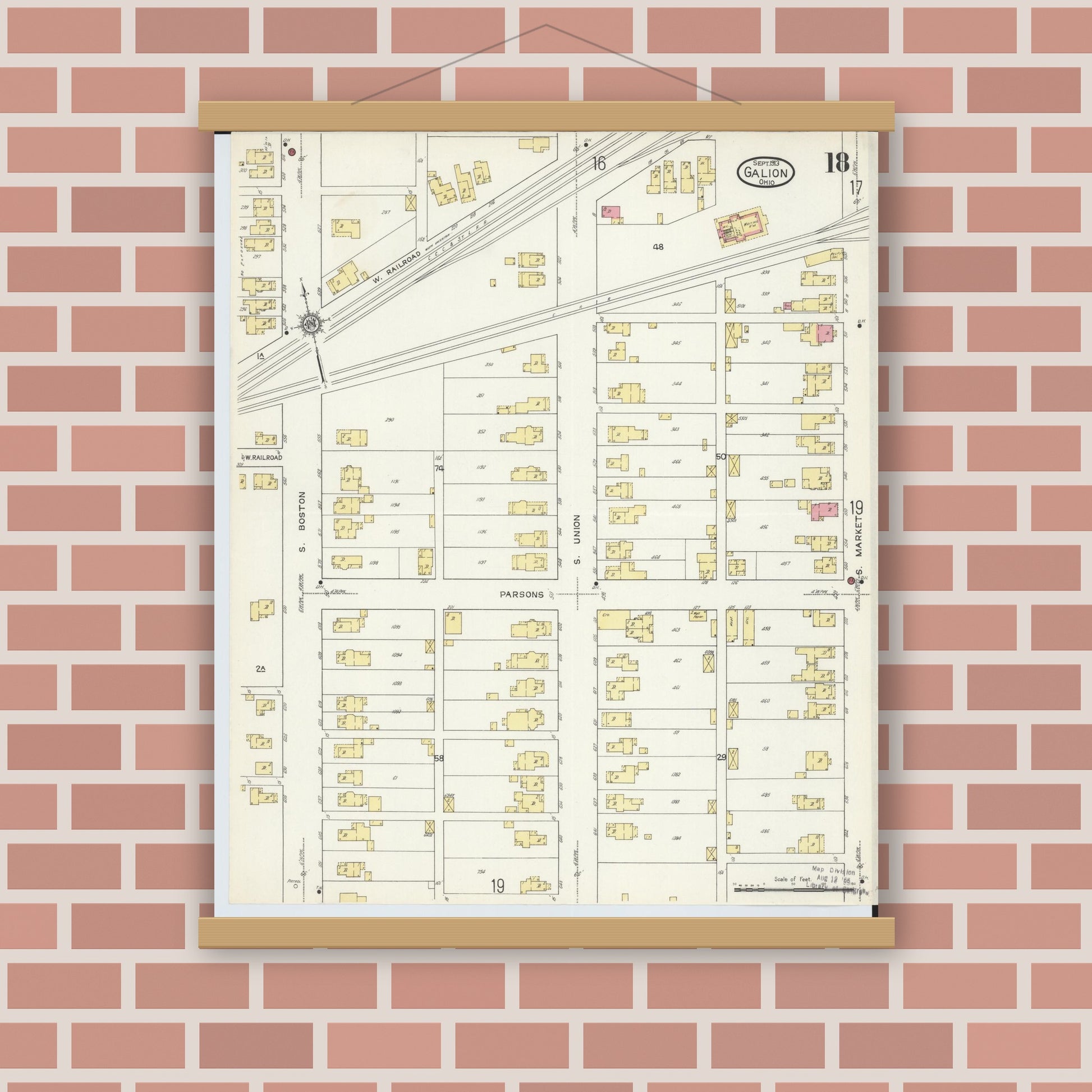 Old map wall art mockup — magnetic wood frame on brick wall — Sanborn Fire Insurance Map from Galion, Crawford County, Ohio (1913), Sheet #0018