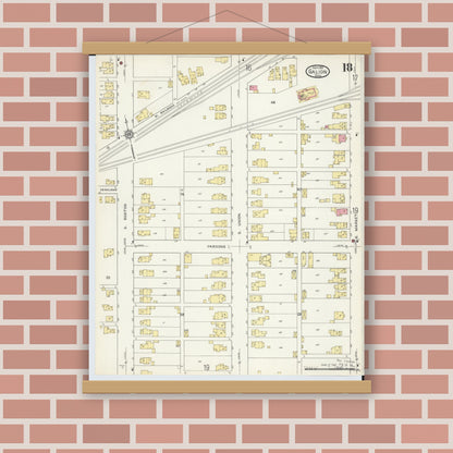 Old map wall art mockup — magnetic wood frame on brick wall — Sanborn Fire Insurance Map from Galion, Crawford County, Ohio (1913), Sheet #0018