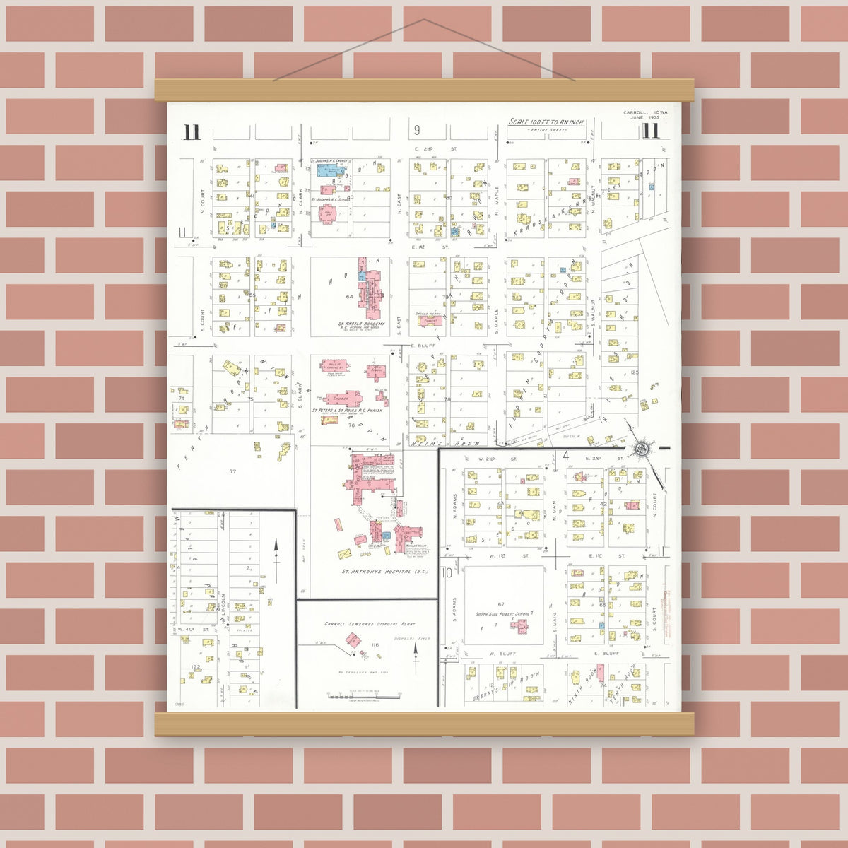 Old map wall art mockup — magnetic wood frame on brick wall — Sanborn Fire Insurance Map from Carroll, Carroll County, Iowa (1935), Sheet #0011