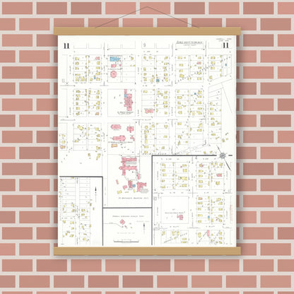 Old map wall art mockup — magnetic wood frame on brick wall — Sanborn Fire Insurance Map from Carroll, Carroll County, Iowa (1935), Sheet #0011