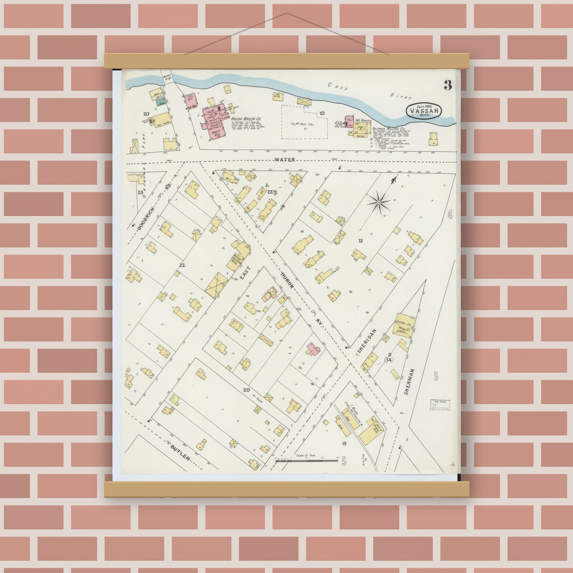 Old map wall art mockup — magnetic wood frame on brick wall — Sanborn Fire Insurance Map from Vassar, Tuscola County, Michigan (1895), Sheet #0003