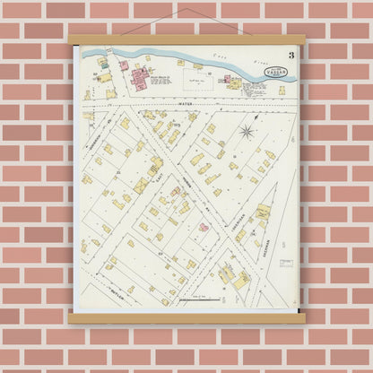 Old map wall art mockup — magnetic wood frame on brick wall — Sanborn Fire Insurance Map from Vassar, Tuscola County, Michigan (1895), Sheet #0003