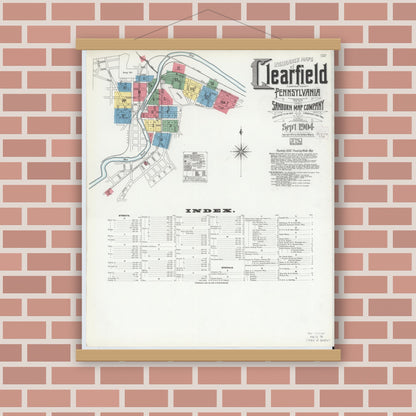 Old map wall art mockup — magnetic wood frame on brick wall — Sanborn Fire Insurance Map from Clearfield, Clearfield County, Pennsylvania (1904) - Complete Map Set
