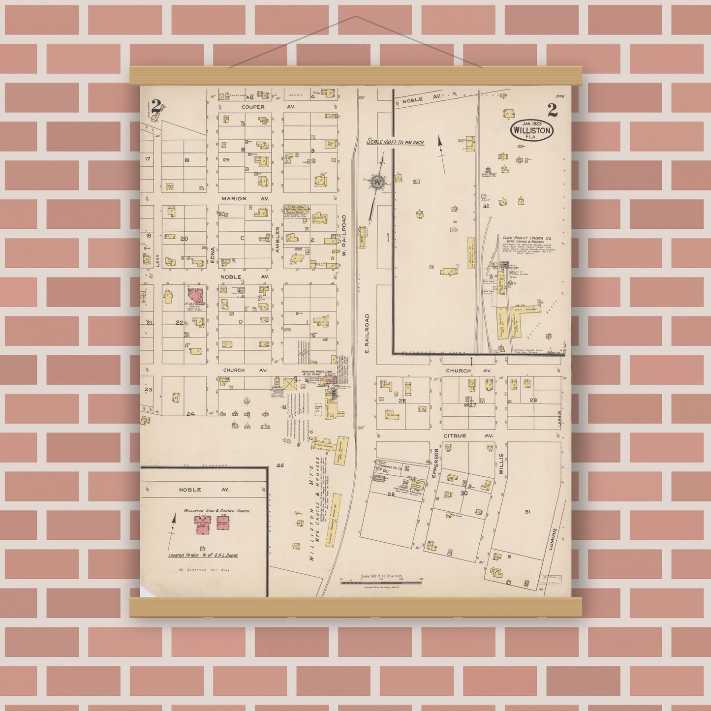 Old map wall art mockup — magnetic wood frame on brick wall — Sanborn Fire Insurance Map from Williston, Levy County, Florida (1923), Sheet #0002