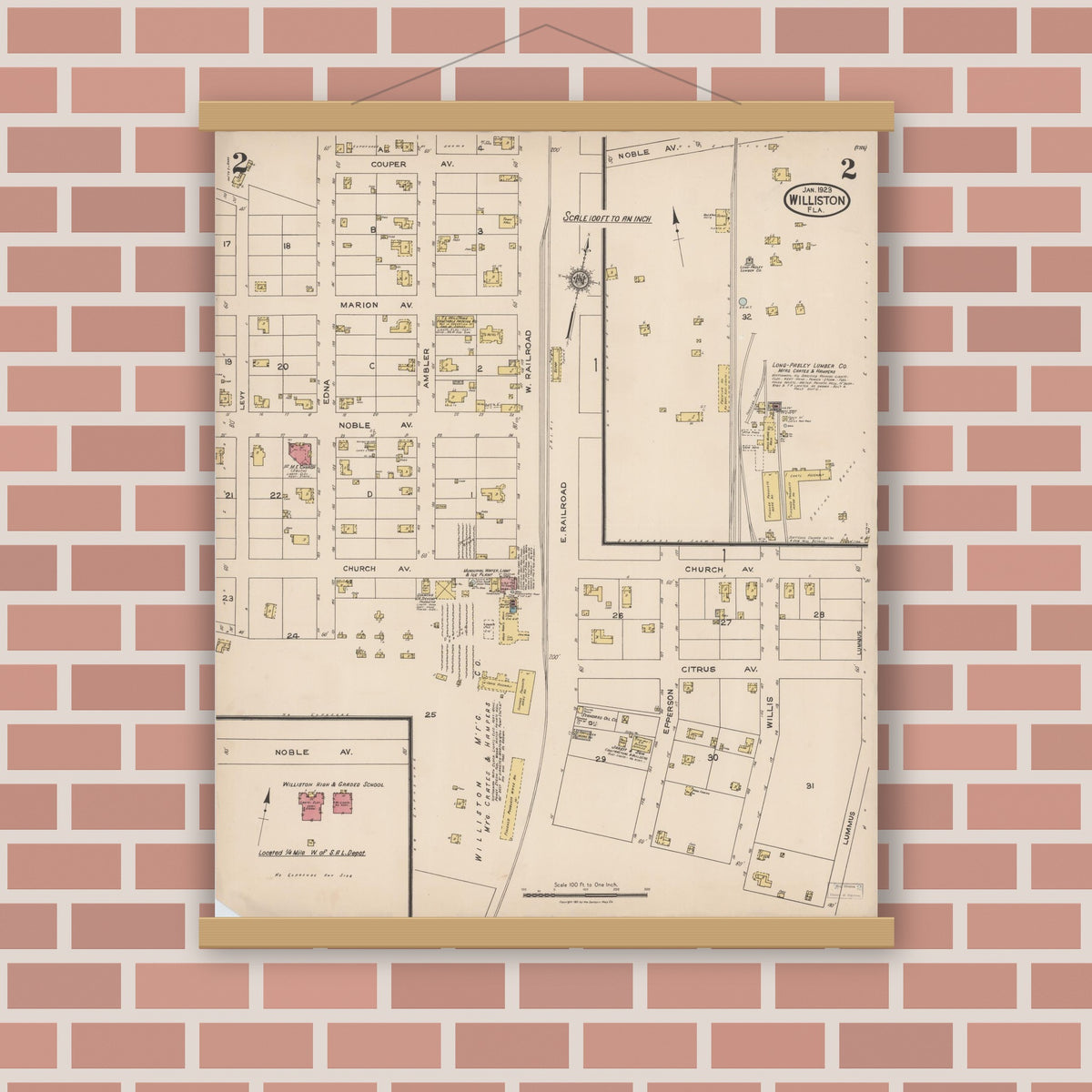 Old map wall art mockup — magnetic wood frame on brick wall — Sanborn Fire Insurance Map from Williston, Levy County, Florida (1923), Sheet #0002