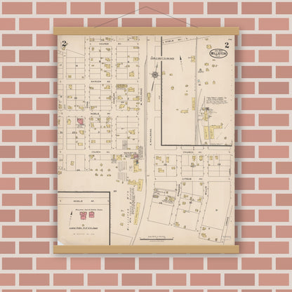 Old map wall art mockup — magnetic wood frame on brick wall — Sanborn Fire Insurance Map from Williston, Levy County, Florida (1923), Sheet #0002