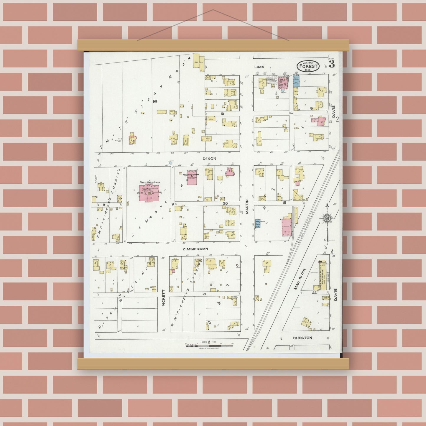 Old map wall art mockup — magnetic wood frame on brick wall — Sanborn Fire Insurance Map from Forest, Hardin County, Ohio (1921), Sheet #0003