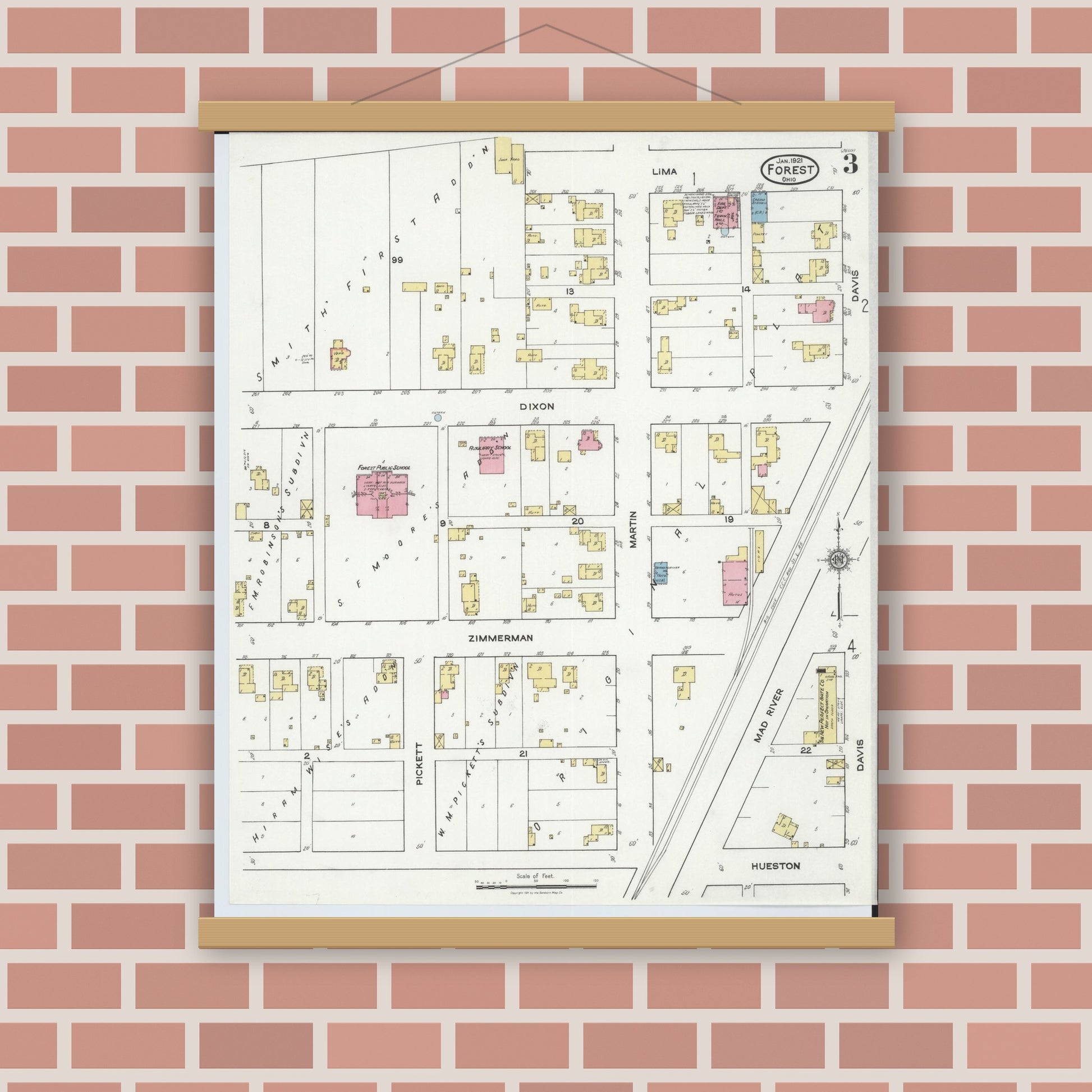 Old map wall art mockup — magnetic wood frame on brick wall — Sanborn Fire Insurance Map from Forest, Hardin County, Ohio (1921), Sheet #0003