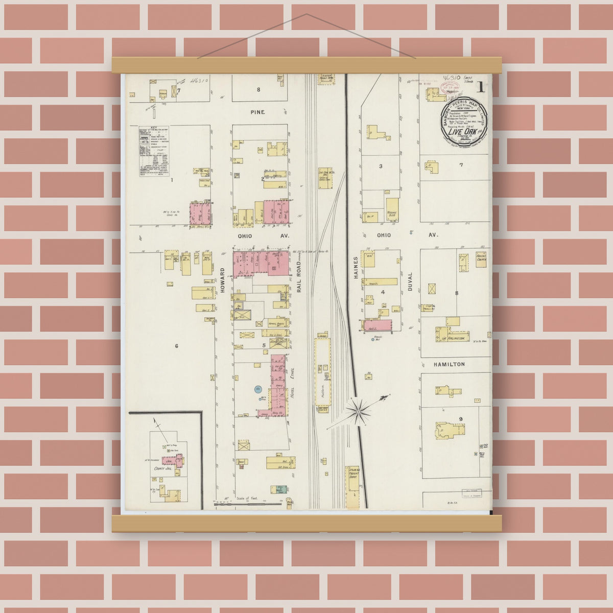 Old map wall art mockup — magnetic wood frame on brick wall — Sanborn Fire Insurance Map from Live Oak, Suwanee County, Florida (1895) - Complete Map Set