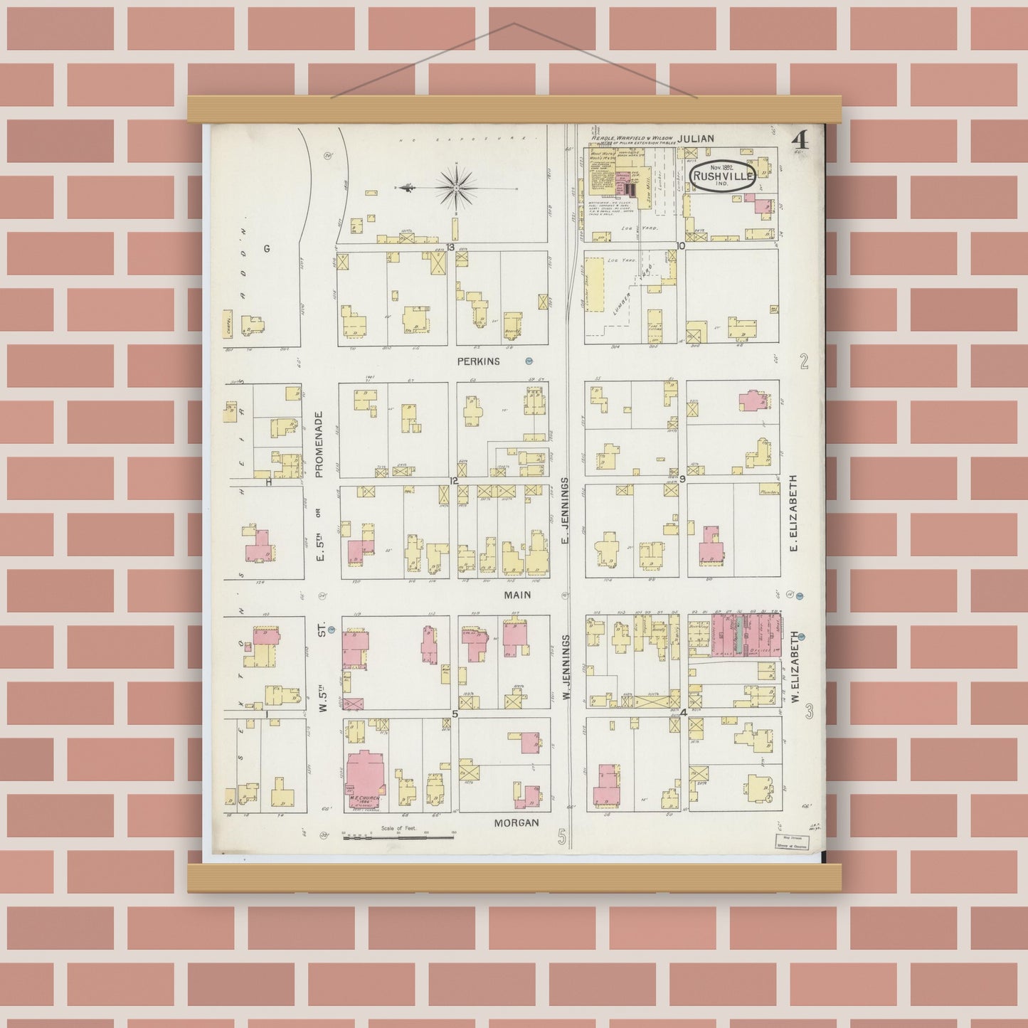 Old map wall art mockup — magnetic wood frame on brick wall — Sanborn Fire Insurance Map from Rushville, Rush County, Indiana (1892), Sheet #0004