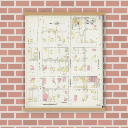 Old map wall art mockup — magnetic wood frame on brick wall — Sanborn Fire Insurance Map from Rushville, Rush County, Indiana (1892), Sheet #0004