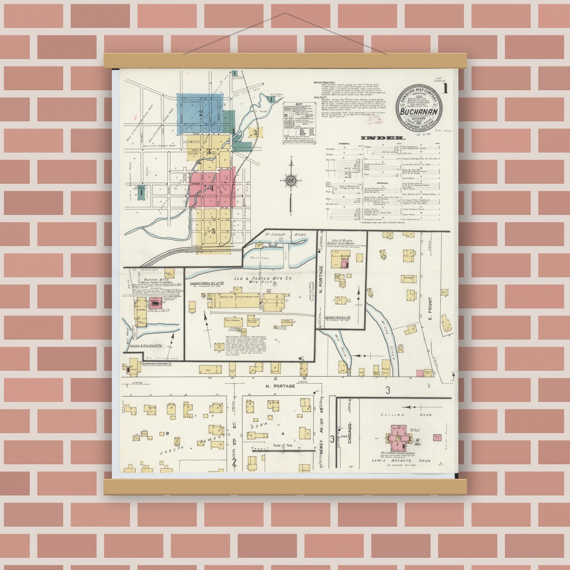Old map wall art mockup — magnetic wood frame on brick wall — Sanborn Fire Insurance Map from Buchanan, Berrien County, Michigan (1911) - Complete Map Set