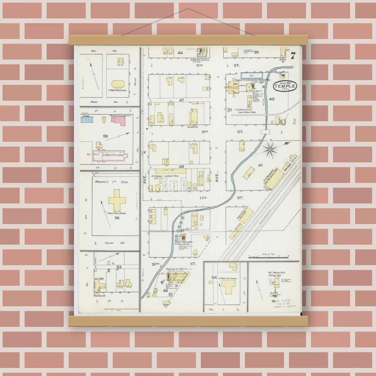Old map wall art mockup — magnetic wood frame on brick wall — Sanborn Fire Insurance Map from Temple, Bell County, Texas (1893), Sheet #0007