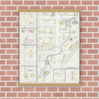 Old map wall art mockup — magnetic wood frame on brick wall — Sanborn Fire Insurance Map from Temple, Bell County, Texas (1893), Sheet #0007