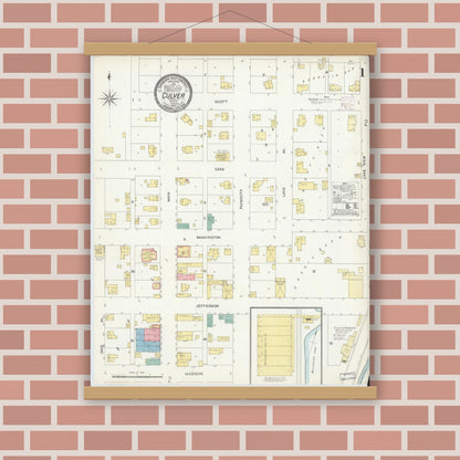 Old map wall art mockup — magnetic wood frame on brick wall — Sanborn Fire Insurance Map from Culver, Marshall County, Indiana (1906) - Complete Map Set
