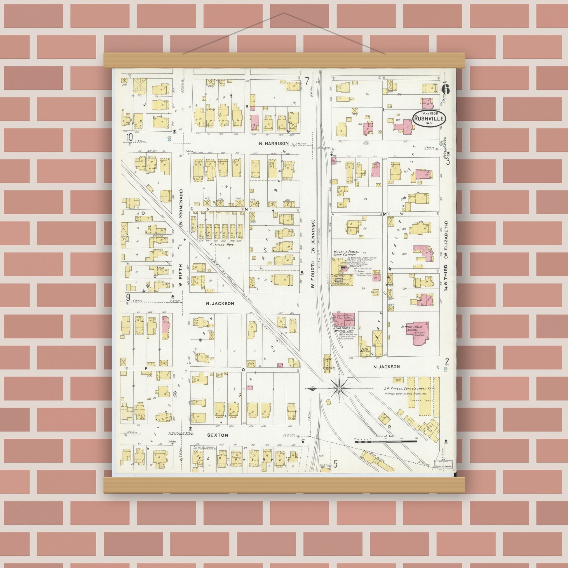 Old map wall art mockup — magnetic wood frame on brick wall — Sanborn Fire Insurance Map from Rushville, Rush County, Indiana (1908), Sheet #0006