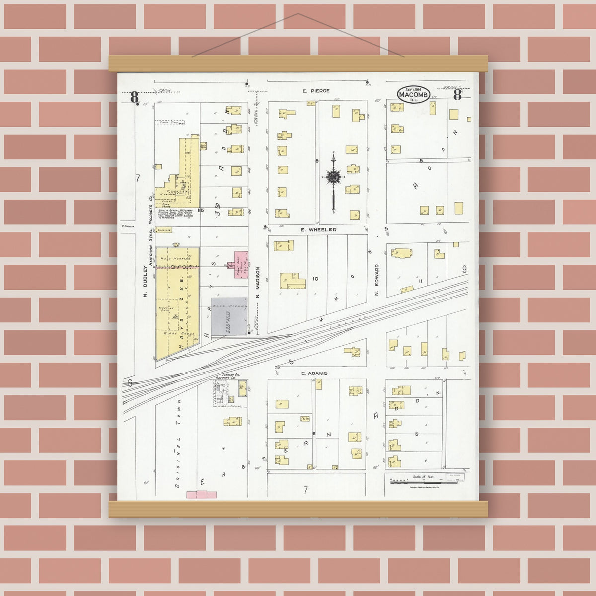 Old map wall art mockup — magnetic wood frame on brick wall — Sanborn Fire Insurance Map from Macomb, Mcdonough County, Illinois (1924), Sheet #0008