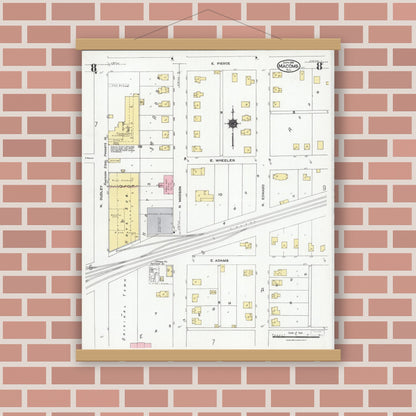 Old map wall art mockup — magnetic wood frame on brick wall — Sanborn Fire Insurance Map from Macomb, Mcdonough County, Illinois (1924), Sheet #0008
