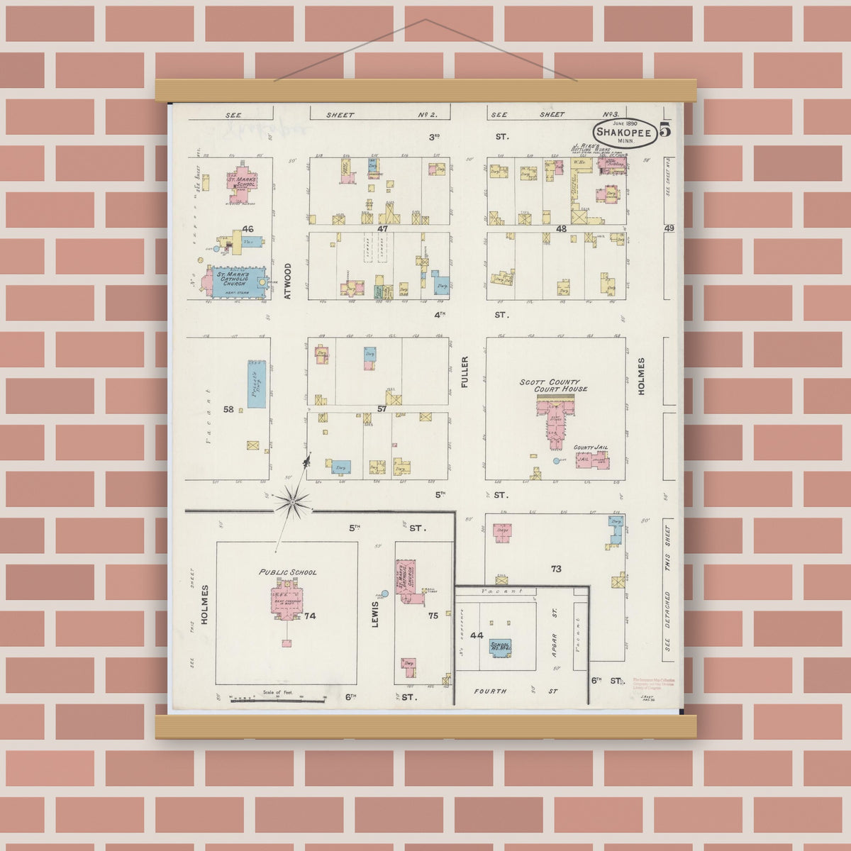 Old map wall art mockup — magnetic wood frame on brick wall — Sanborn Fire Insurance Map from Shakopee, Scott County, Minnesota (1890), Sheet #0005