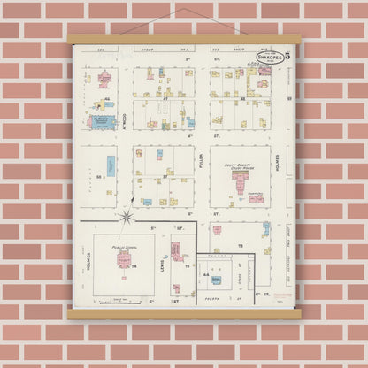 Old map wall art mockup — magnetic wood frame on brick wall — Sanborn Fire Insurance Map from Shakopee, Scott County, Minnesota (1890), Sheet #0005