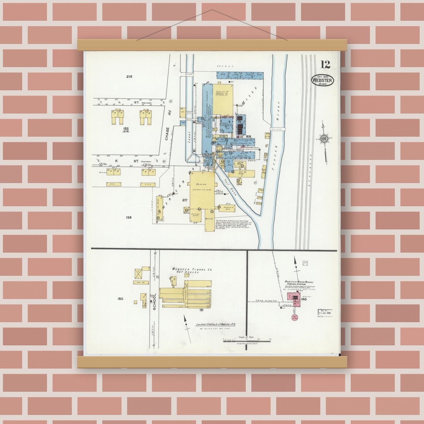 Old map wall art mockup — magnetic wood frame on brick wall — Sanborn Fire Insurance Map from Webster, Worcester County, Massachusetts (1920), Sheet #0012