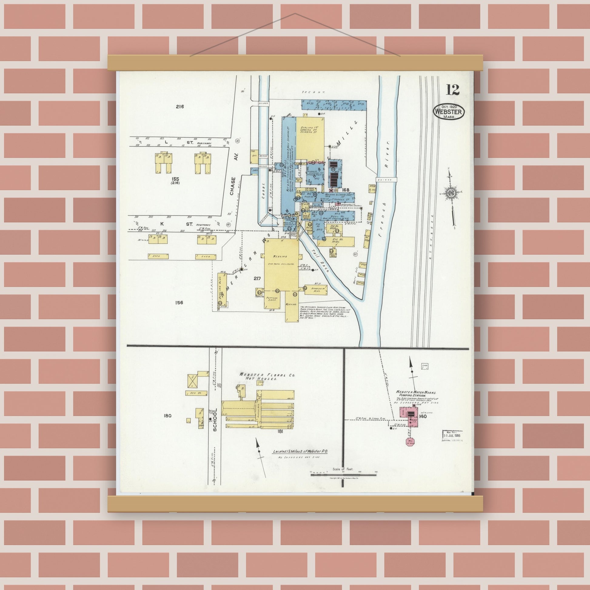 Old map wall art mockup — magnetic wood frame on brick wall — Sanborn Fire Insurance Map from Webster, Worcester County, Massachusetts (1920), Sheet #0012