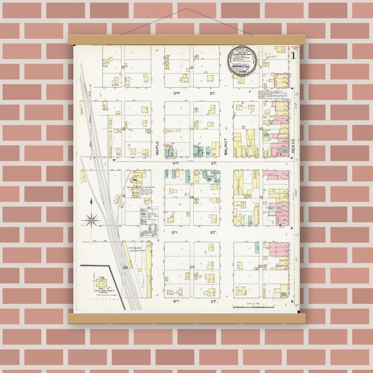 Old map wall art mockup — magnetic wood frame on brick wall — Sanborn Fire Insurance Map from Hampton, Franklin County, Iowa (1892) â€” Complete Set